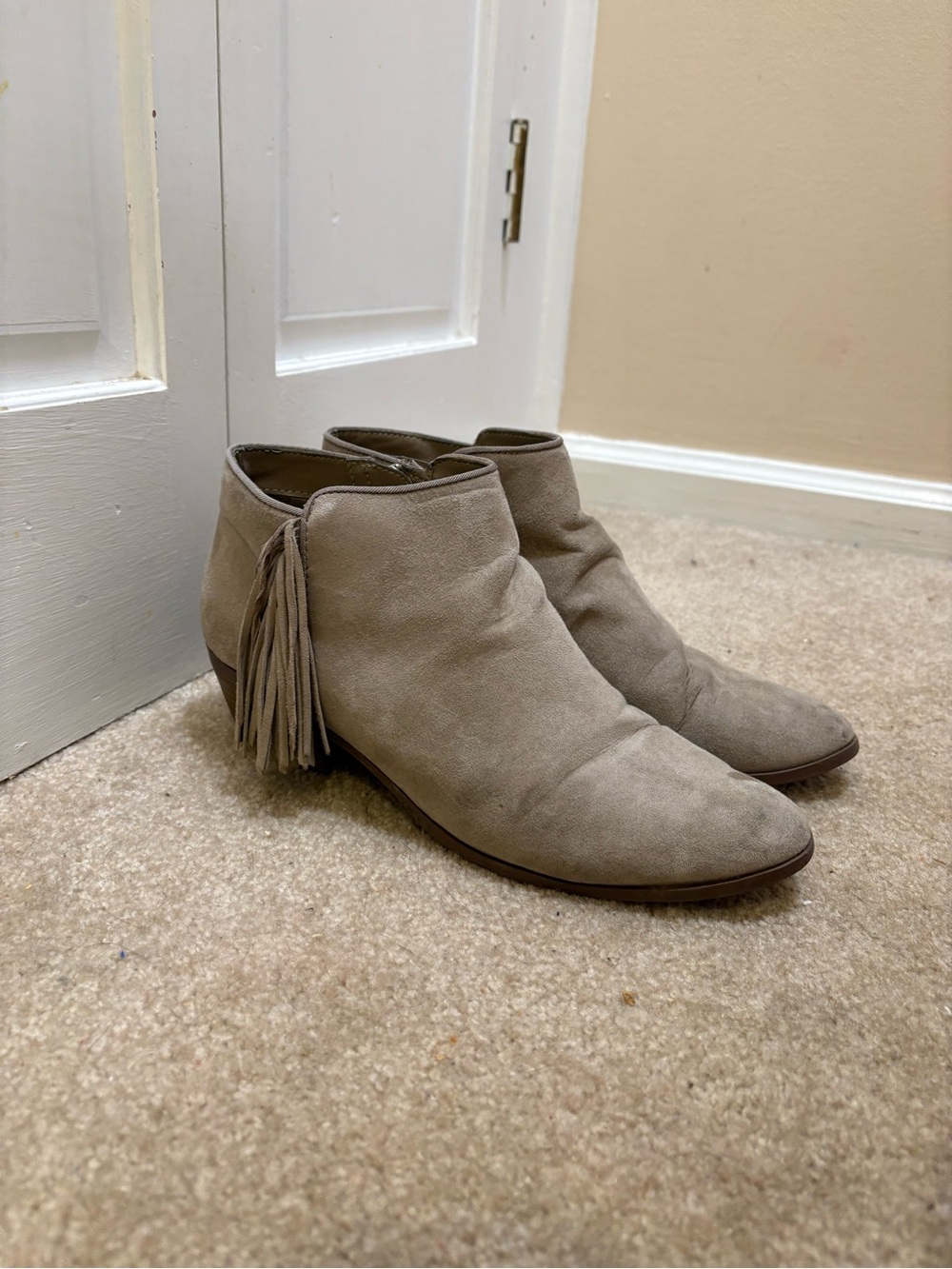 Sam Edelman Suede Tassel Ankle Booties in Taupe